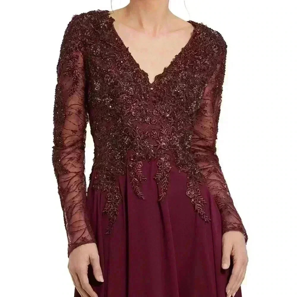 Mac Duggal Embellished Floral Lace V-Neck Illusion Long Sleeve Gown Size 14 - Picture 4 of 8